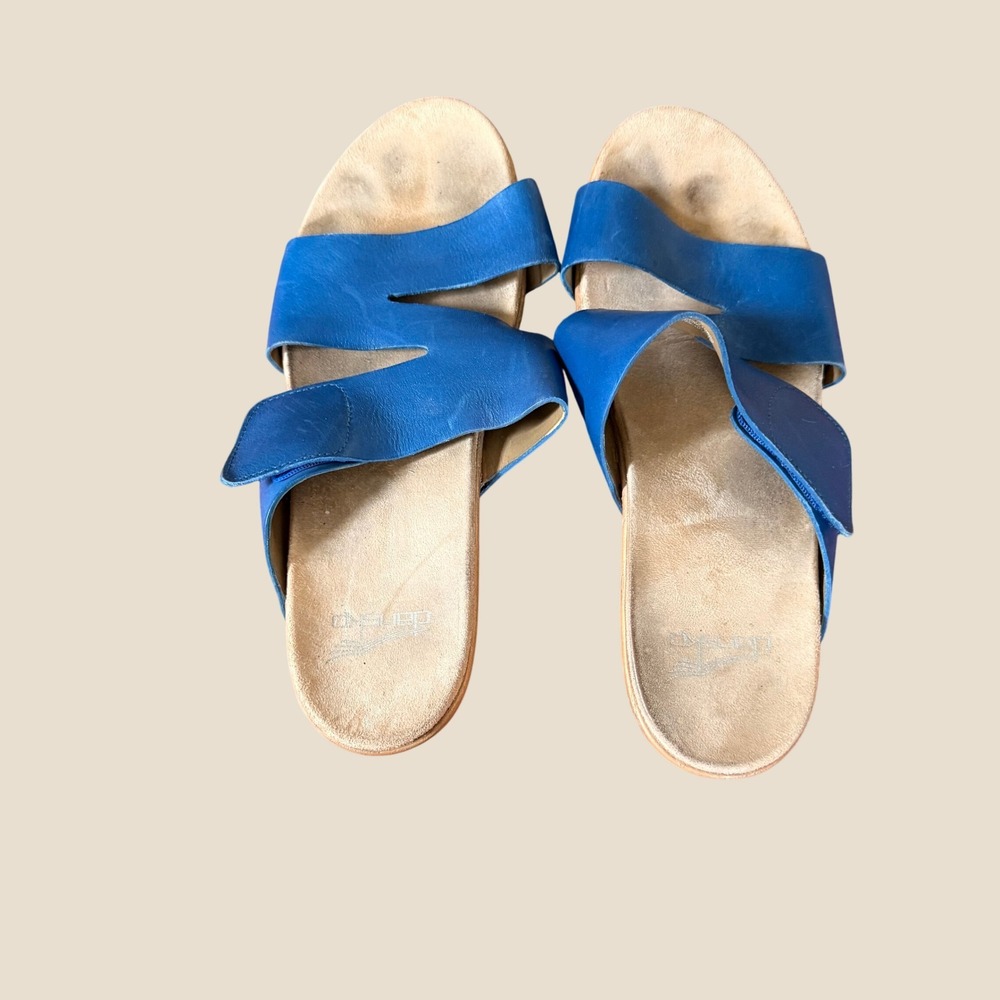 Dansko Slide Sandals Womens 40 Blue Travel Leather Wedge Hook Loop Comfort